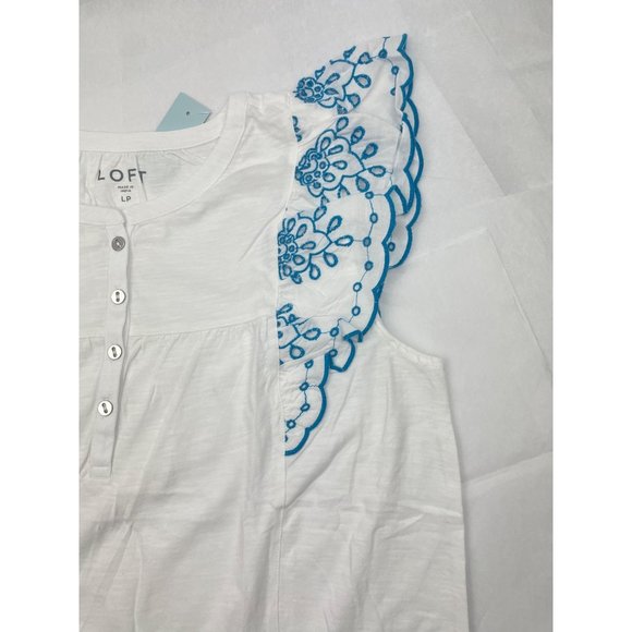 LOFT Women Petite Eyelet Flutter Henley Mixed Media Top L - Picture 9 of 14